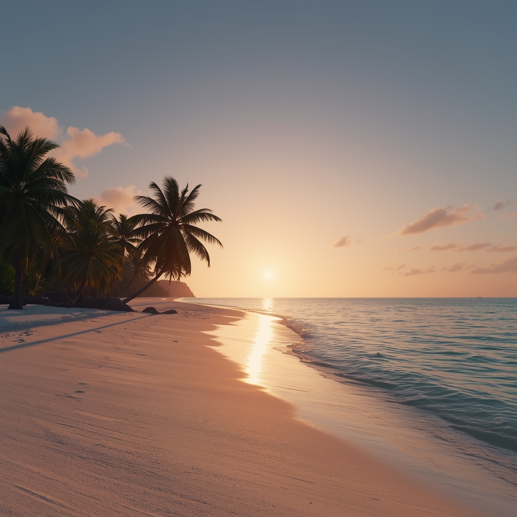 A cinematic wide shot of a pristine tropical beach at sunset with golden light reflecting on turquoise water and silhouettes of palm trees, photorealistic 8k, no woman